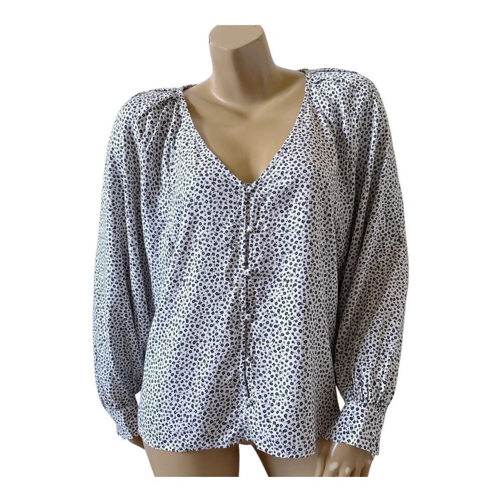 Old Navy Blouse Womens M Navy White Floral Puff Sleeve Button Front V Neck Boho